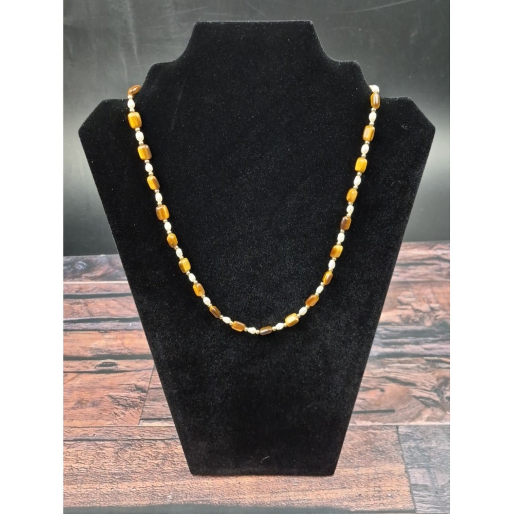 Tigers Eye Faux Pearl Necklace Gold Tone Beads 19–21"‎ Extender Boho Classic